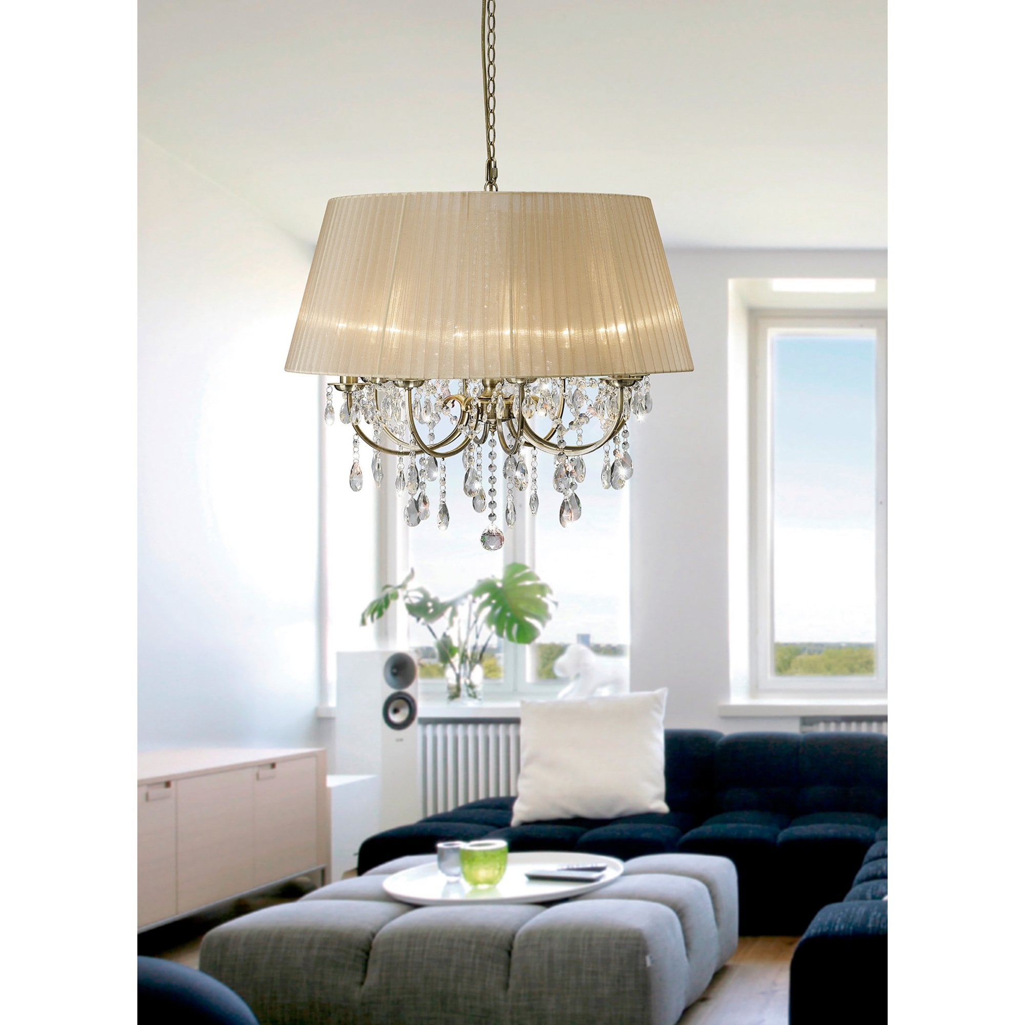 IL30057 Olivia Pendant out Shade 8 Light E14 Antique Brass/Crystal