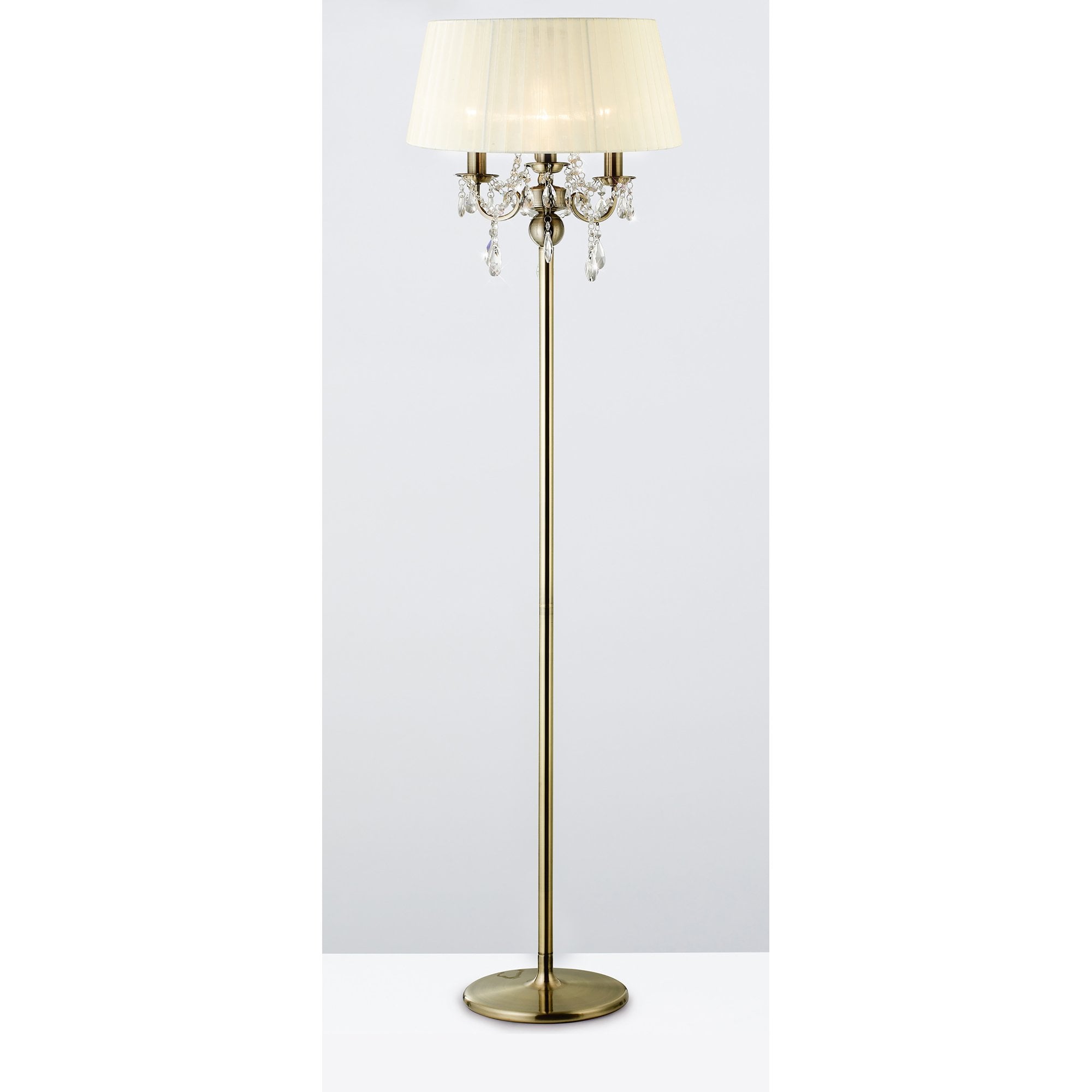 IL30066/CR Olivia Floor Lamp Cream Shade 3 Light E14 Antique Brass/Crystal