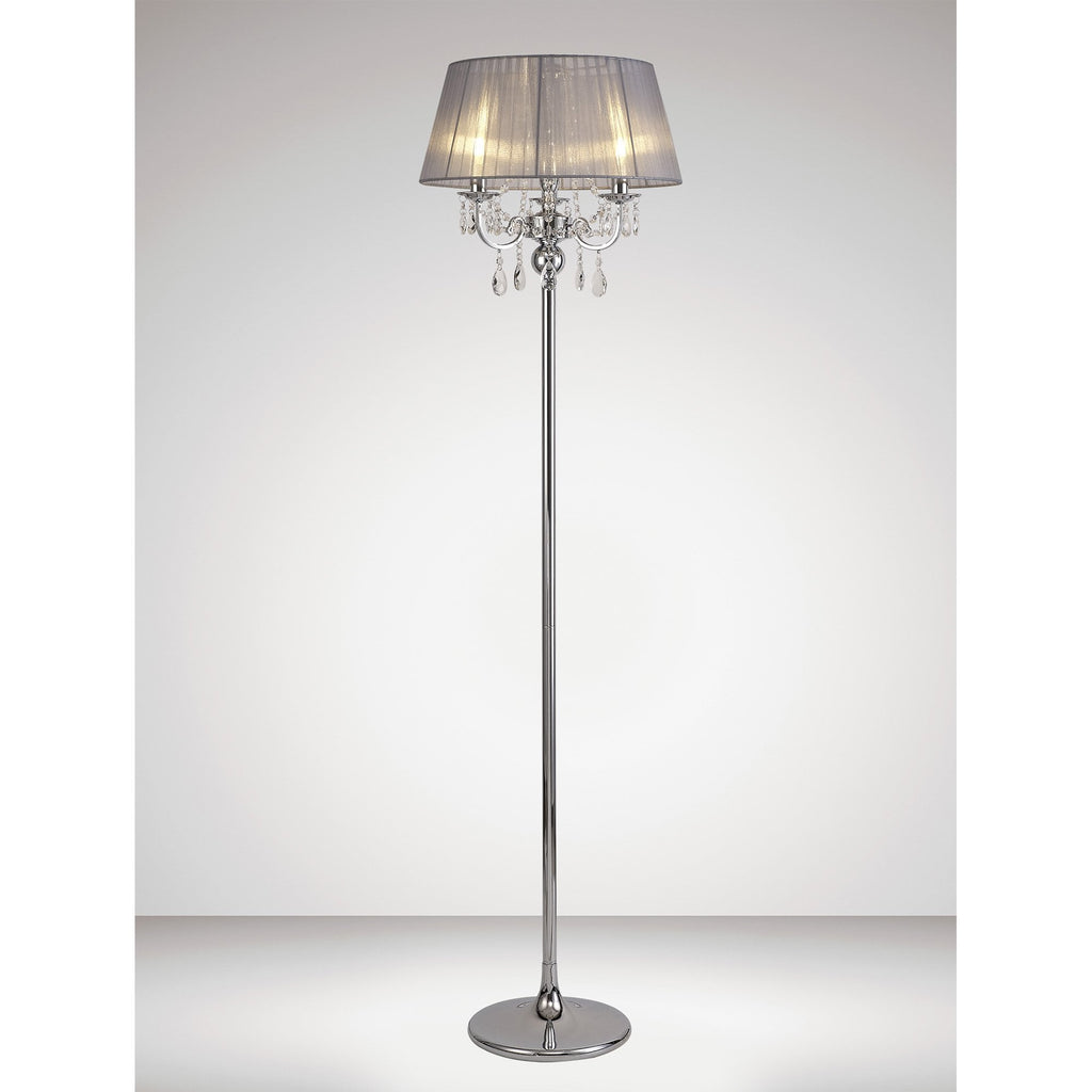 IL30063/GY Olivia Floor Lamp Grey Shade 3 Light E14 Polished Chrome/Crystal
