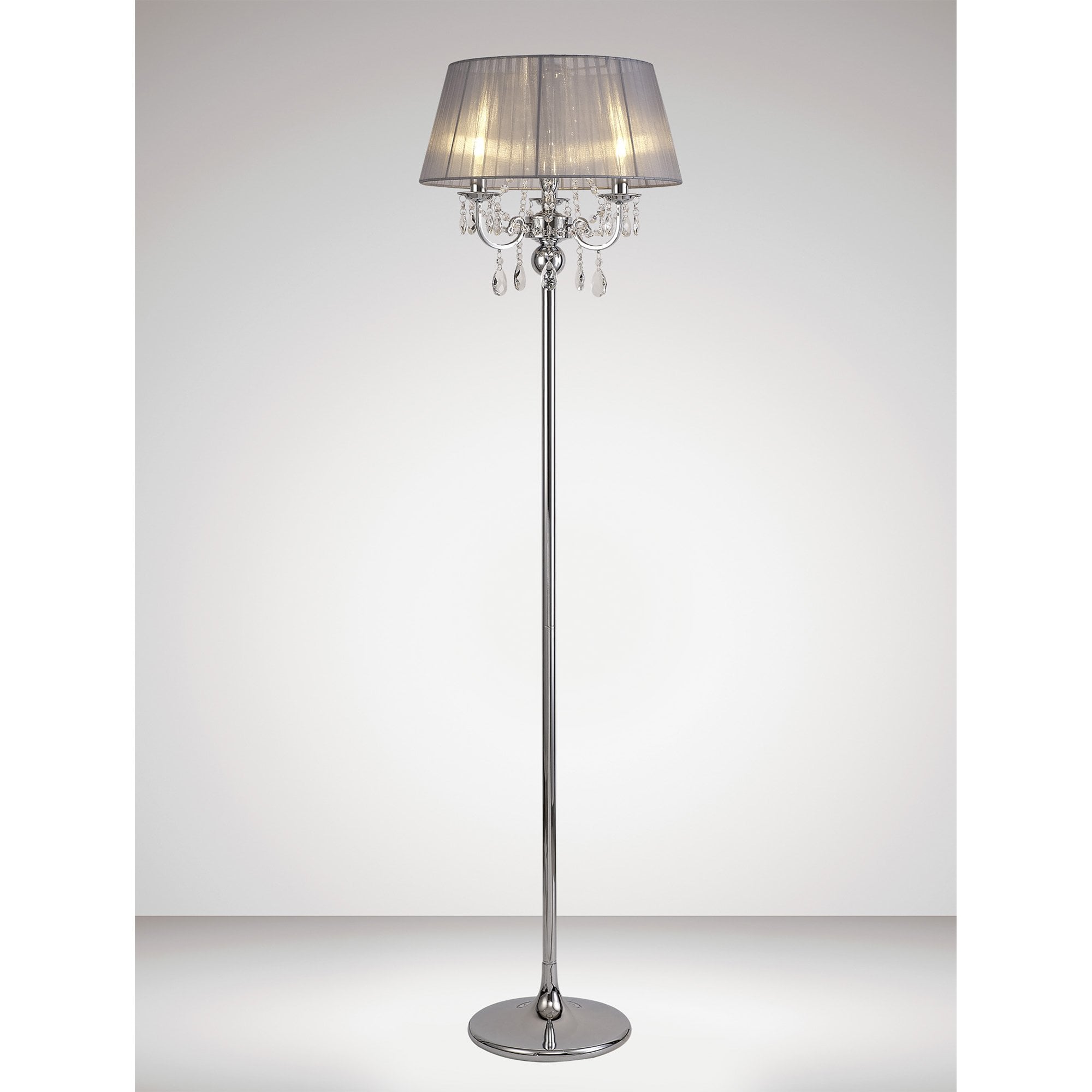IL30063/GY Olivia Floor Lamp Grey Shade 3 Light E14 Polished Chrome/Crystal