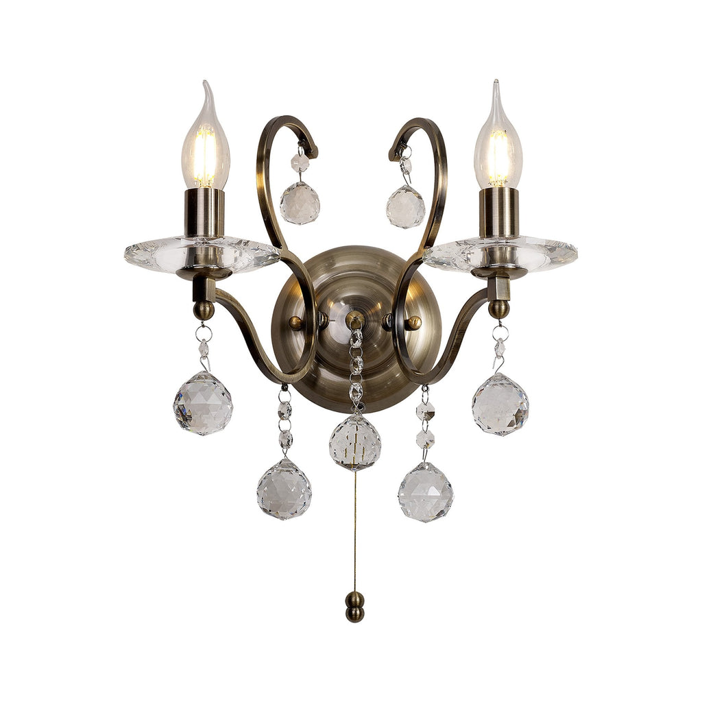 IL32122 Zinta Wall Lamp Switched 2 Light E14 Switched Antique Brass/Crystal