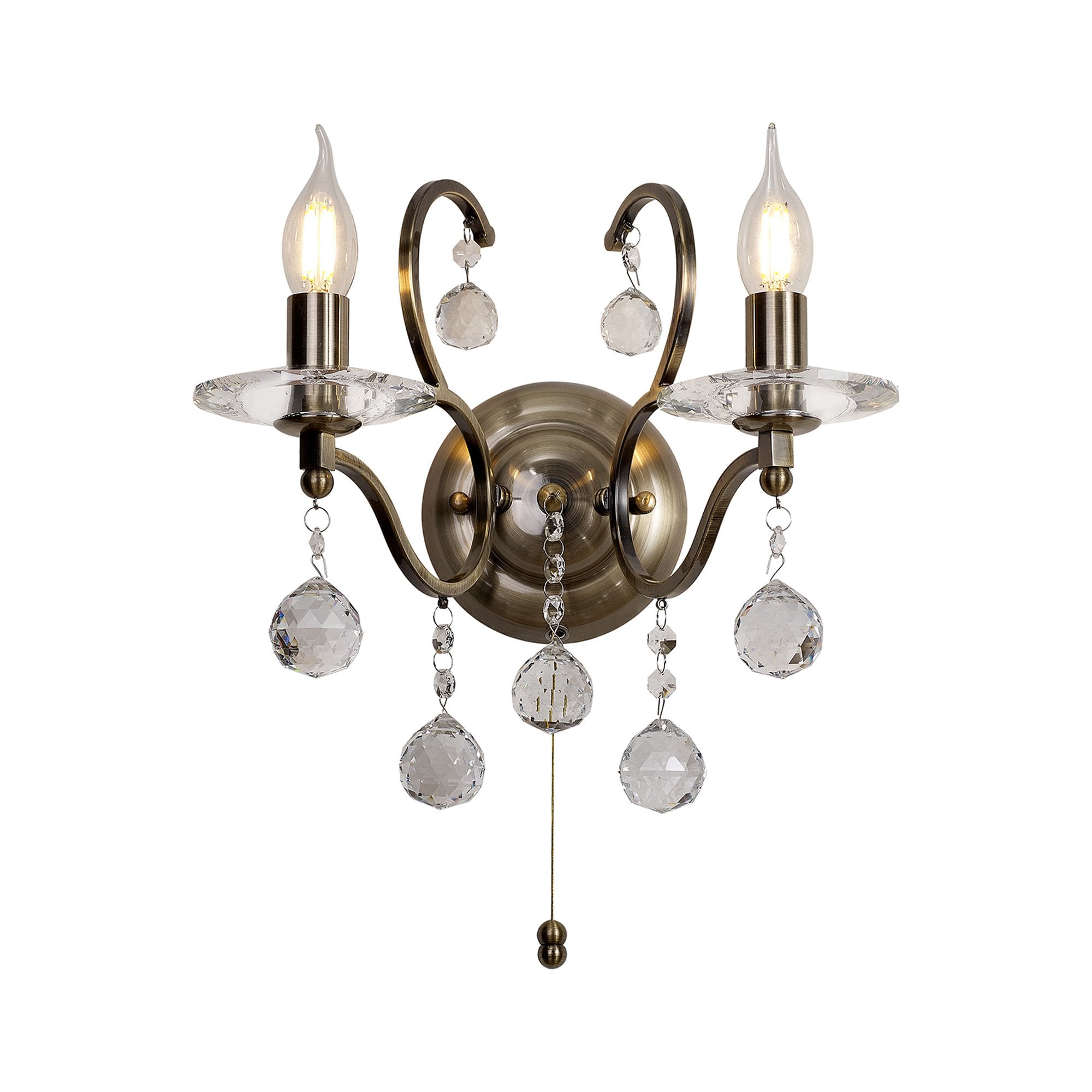 IL32122 Zinta Wall Lamp Switched 2 Light E14 Switched Antique Brass/Crystal