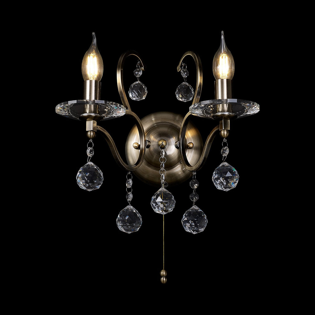 IL32122 Zinta Wall Lamp Switched 2 Light E14 Switched Antique Brass/Crystal