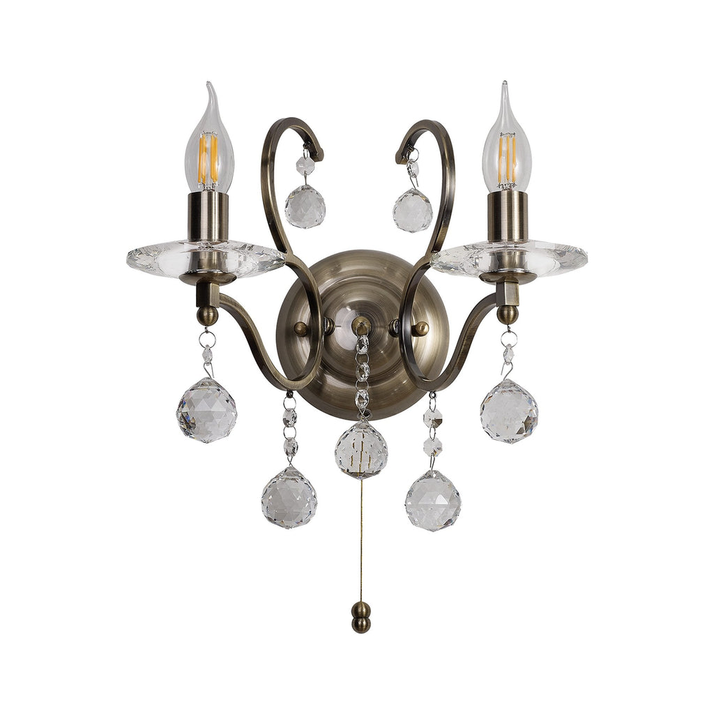 IL32122 Zinta Wall Lamp Switched 2 Light E14 Switched Antique Brass/Crystal