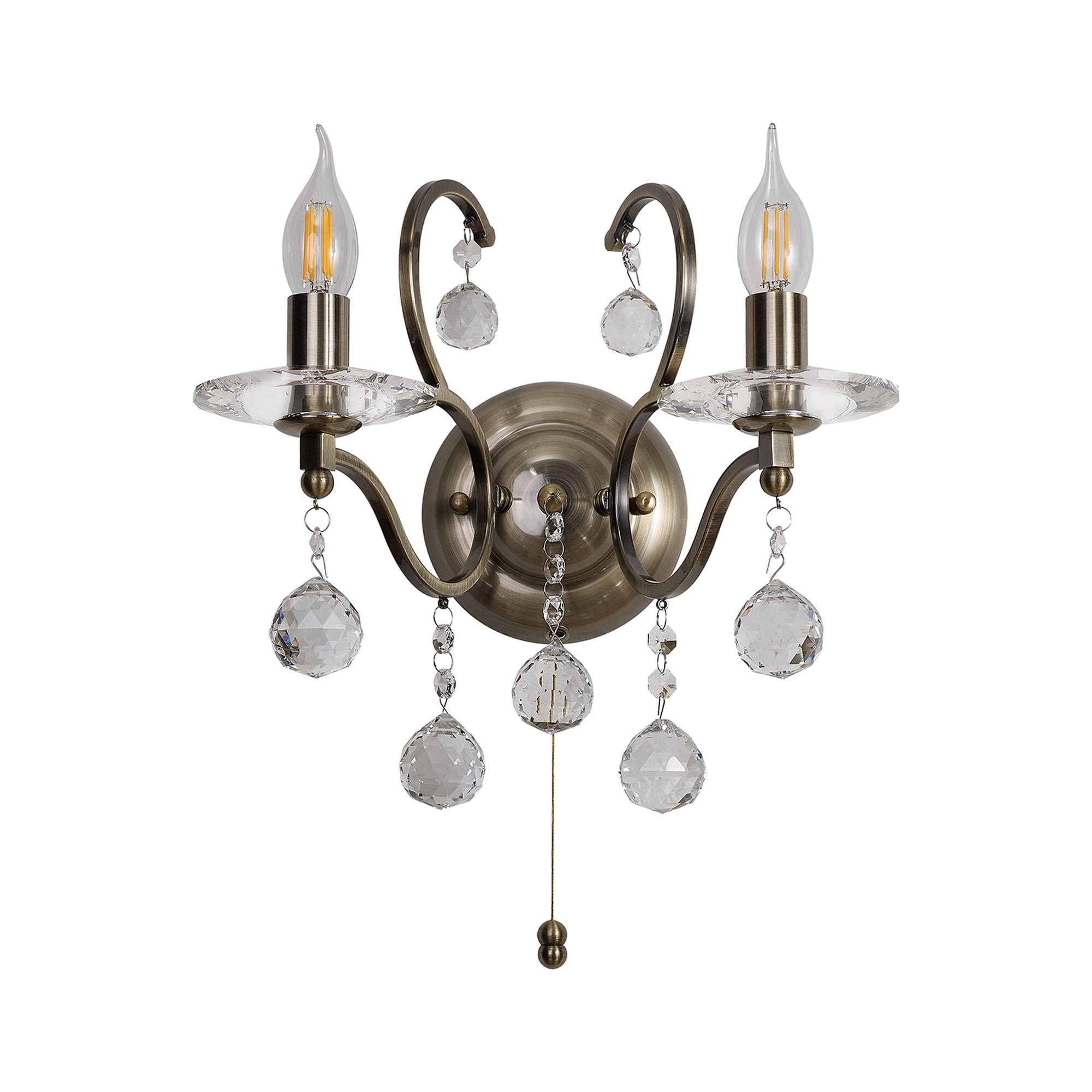 IL32122 Zinta Wall Lamp Switched 2 Light E14 Switched Antique Brass/Crystal