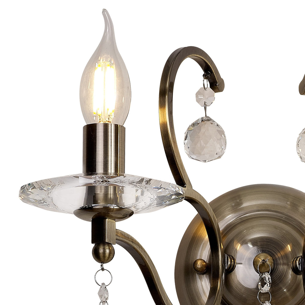 IL32122 Zinta Wall Lamp Switched 2 Light E14 Switched Antique Brass/Crystal