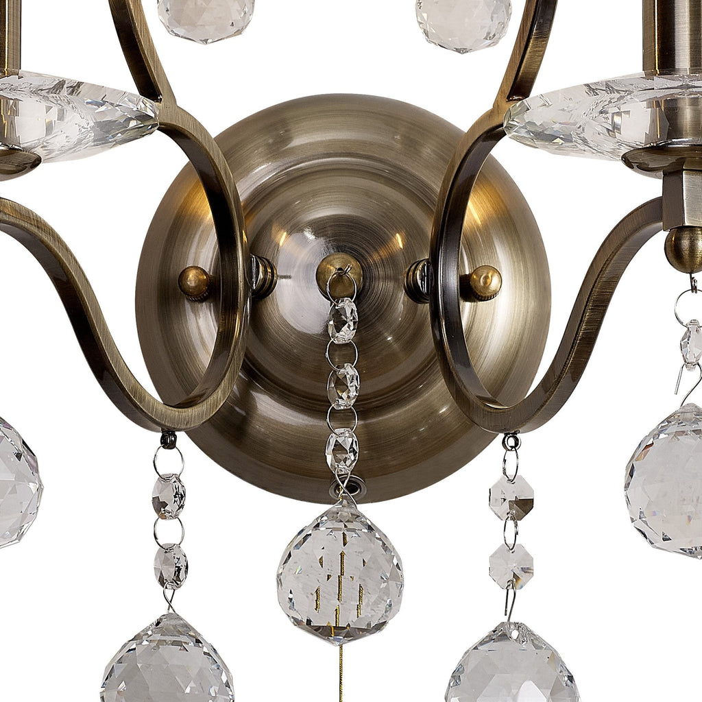 IL32122 Zinta Wall Lamp Switched 2 Light E14 Switched Antique Brass/Crystal