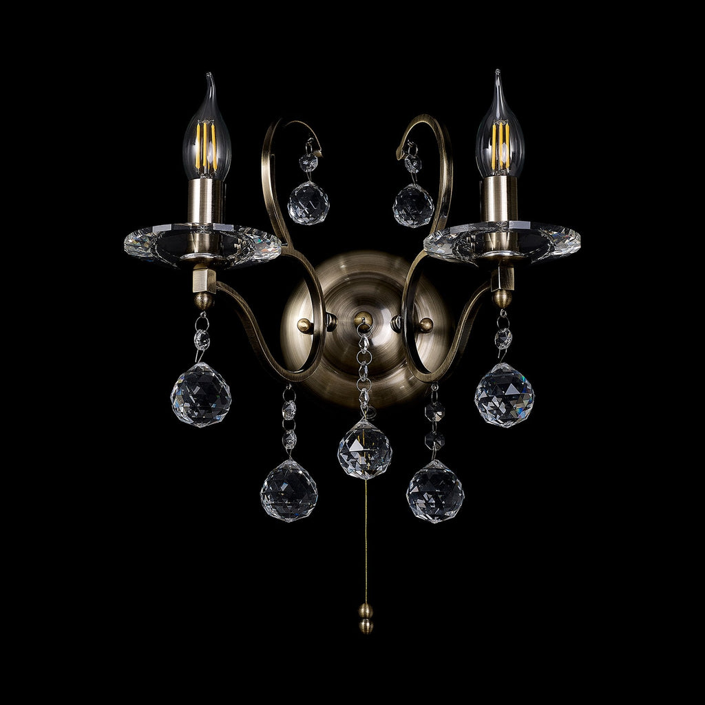IL32122 Zinta Wall Lamp Switched 2 Light E14 Switched Antique Brass/Crystal