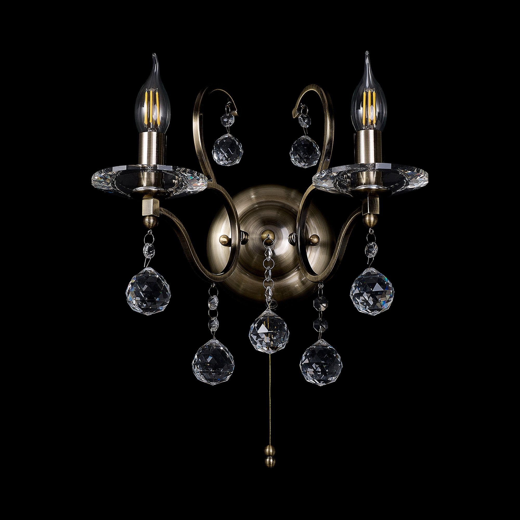 IL32122 Zinta Wall Lamp Switched 2 Light E14 Switched Antique Brass/Crystal