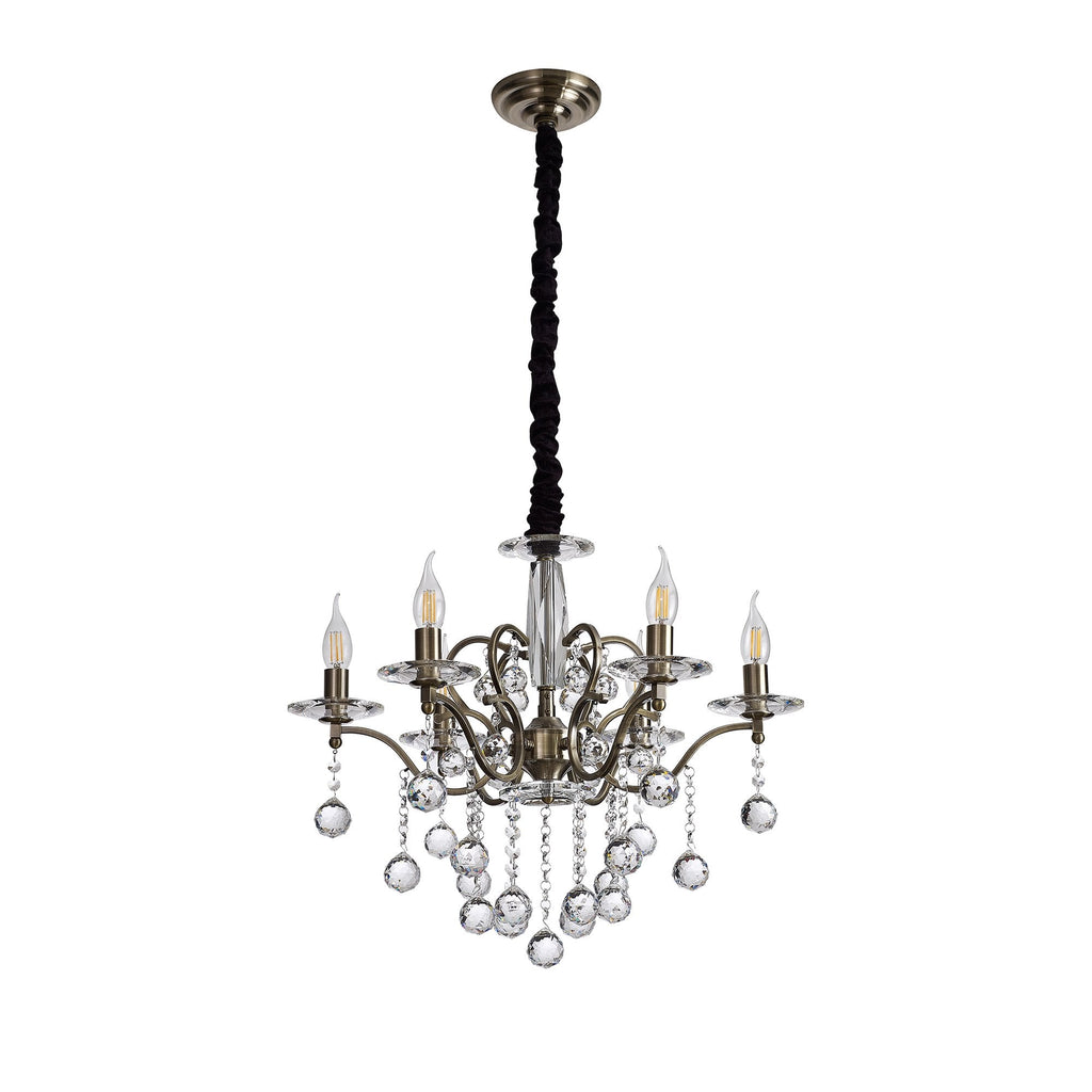 IL32126 Zinta Pendant 6 Light E14 Antique Brass/Crystal