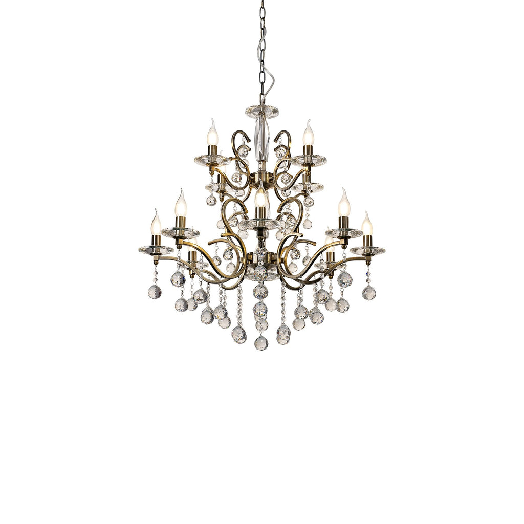 IL32128+4 Zinta Pendant 2 Tier 12 Light E14 Antique Brass/Crystal