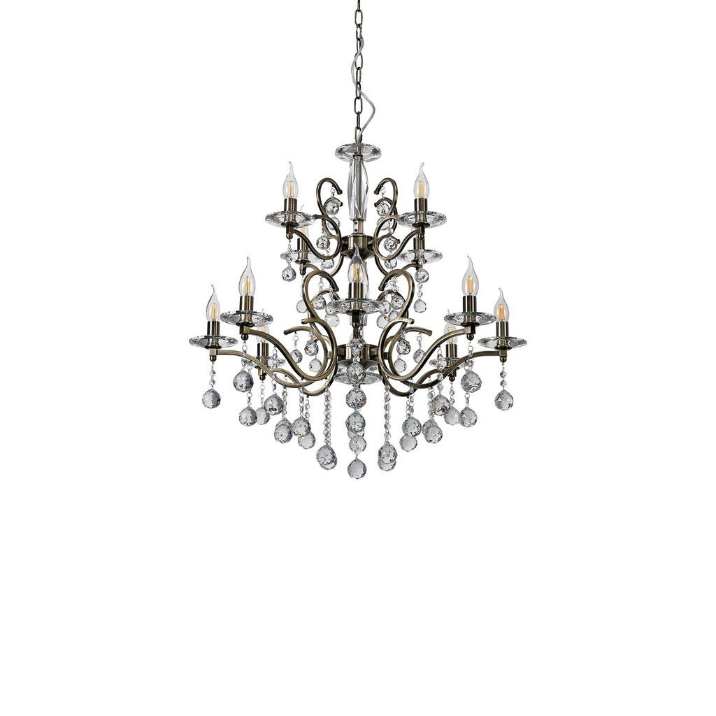 IL32128+4 Zinta Pendant 2 Tier 12 Light E14 Antique Brass/Crystal