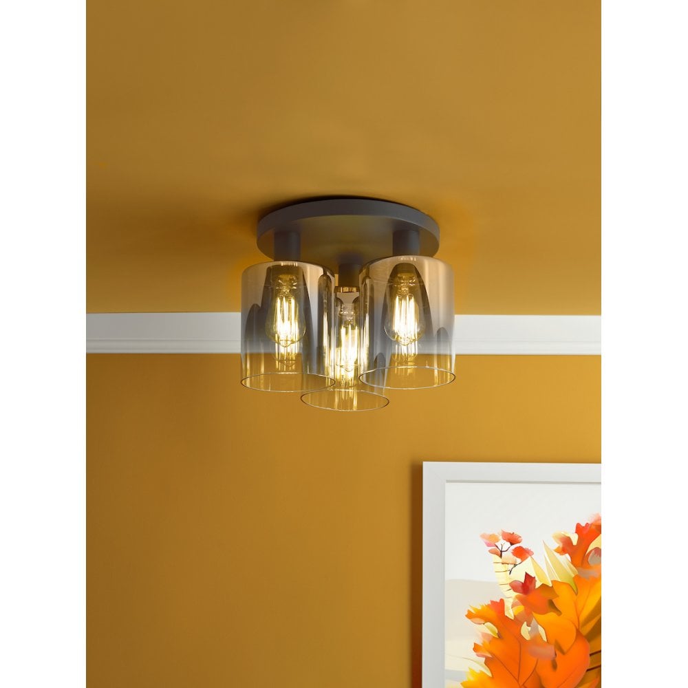 SAV5322 Savannah 3 Light Flush Matt Black and Smoked Glass (S)
