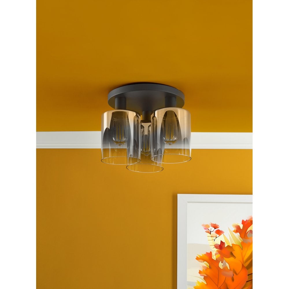 SAV5322 Savannah 3 Light Flush Matt Black and Smoked Glass (S)