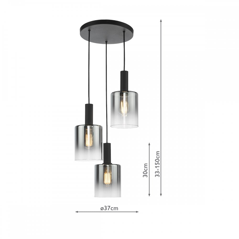 SAV8822 Savannah 3 Light Cluster Pendant Matt Black and Smoked Glass