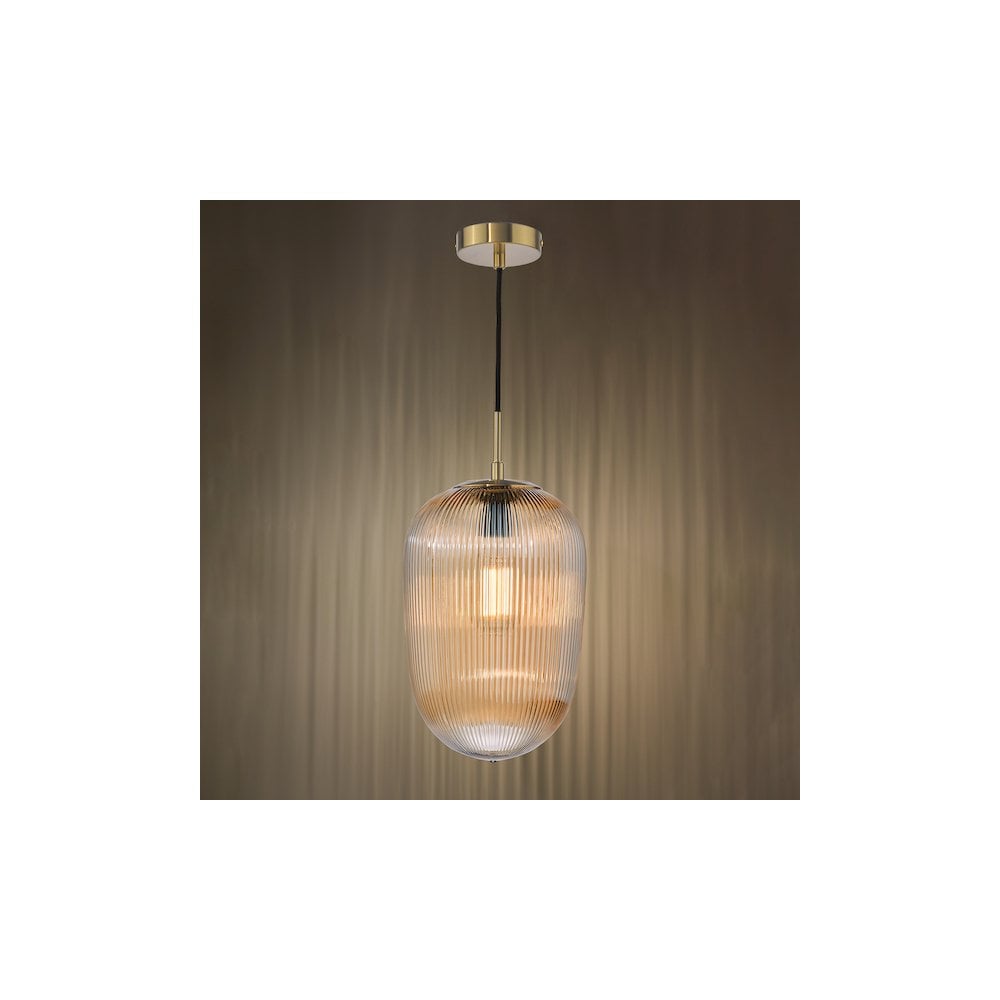 ABR0106 Abrielle Pendant Brushed Bronze and Amber Ribbed Glass