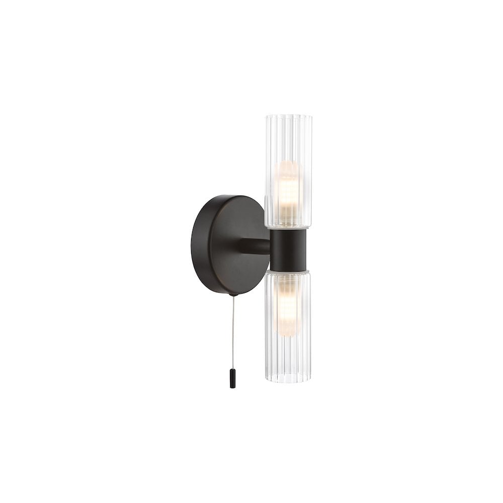 Bolton 2 Light Bathroom Wall  Light Matt Black and Ribbed Glass IP44
