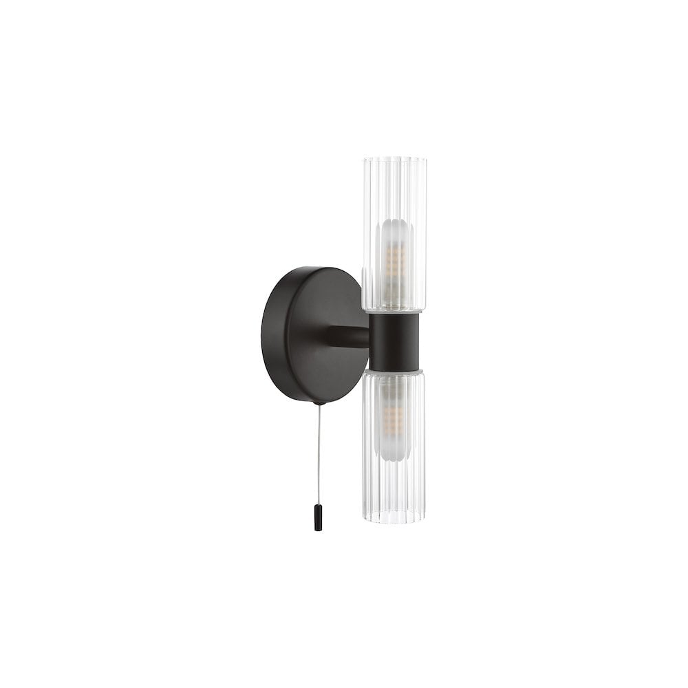 Bolton 2 Light Bathroom Wall  Light Matt Black and Ribbed Glass IP44