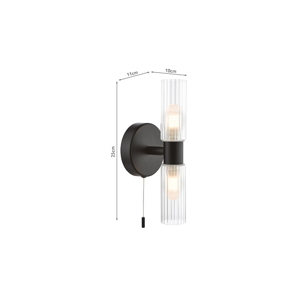 Bolton 2 Light Bathroom Wall  Light Matt Black and Ribbed Glass IP44