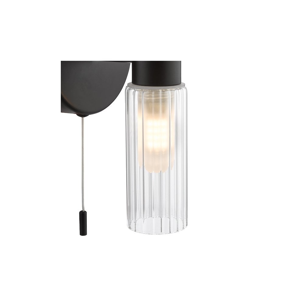 Bolton 2 Light Bathroom Wall  Light Matt Black and Ribbed Glass IP44