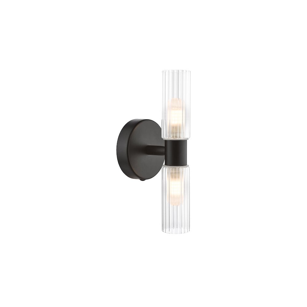 Bolton 2 Light Bathroom Wall  Light Matt Black and Ribbed Glass IP44