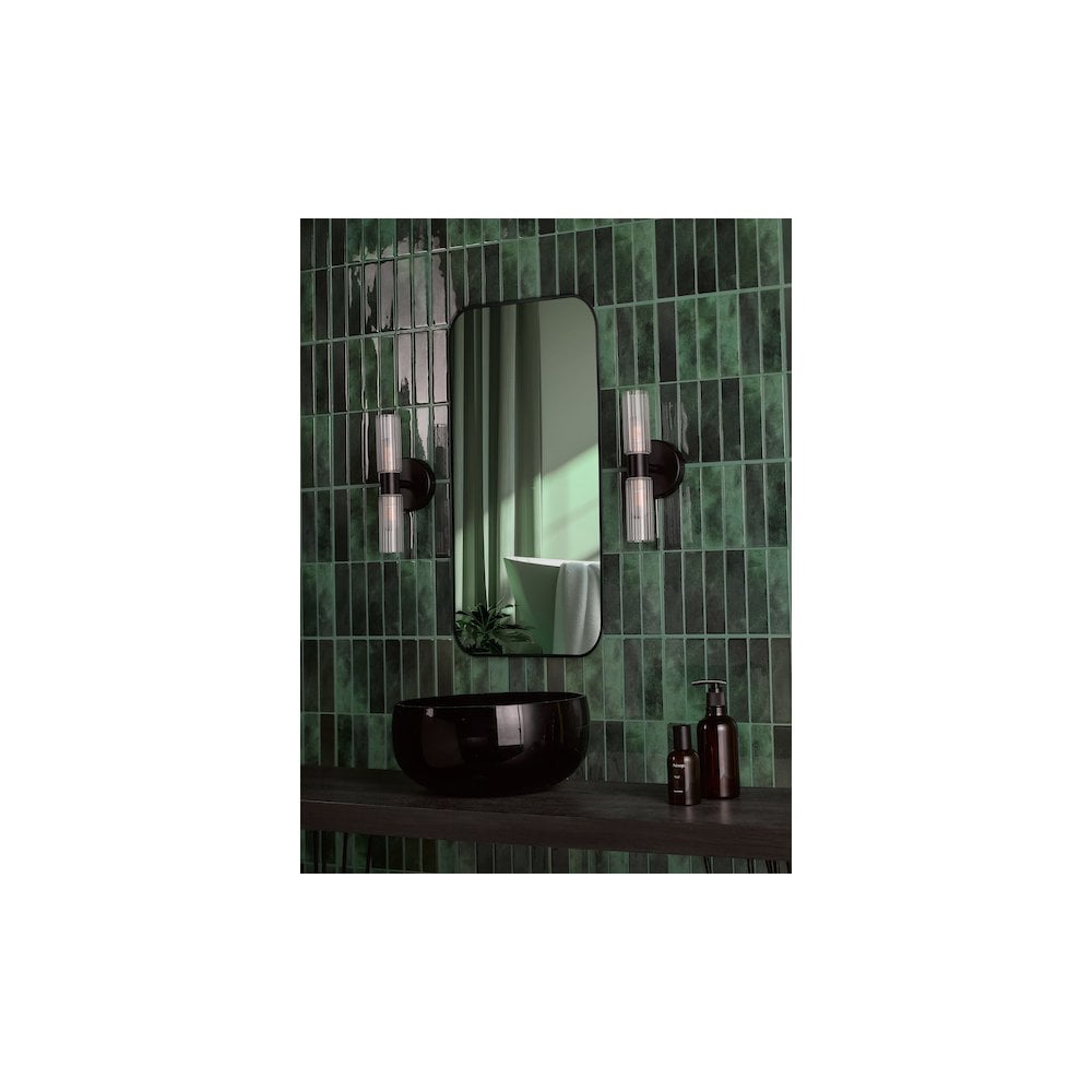 Bolton 2 Light Bathroom Wall  Light Matt Black and Ribbed Glass IP44