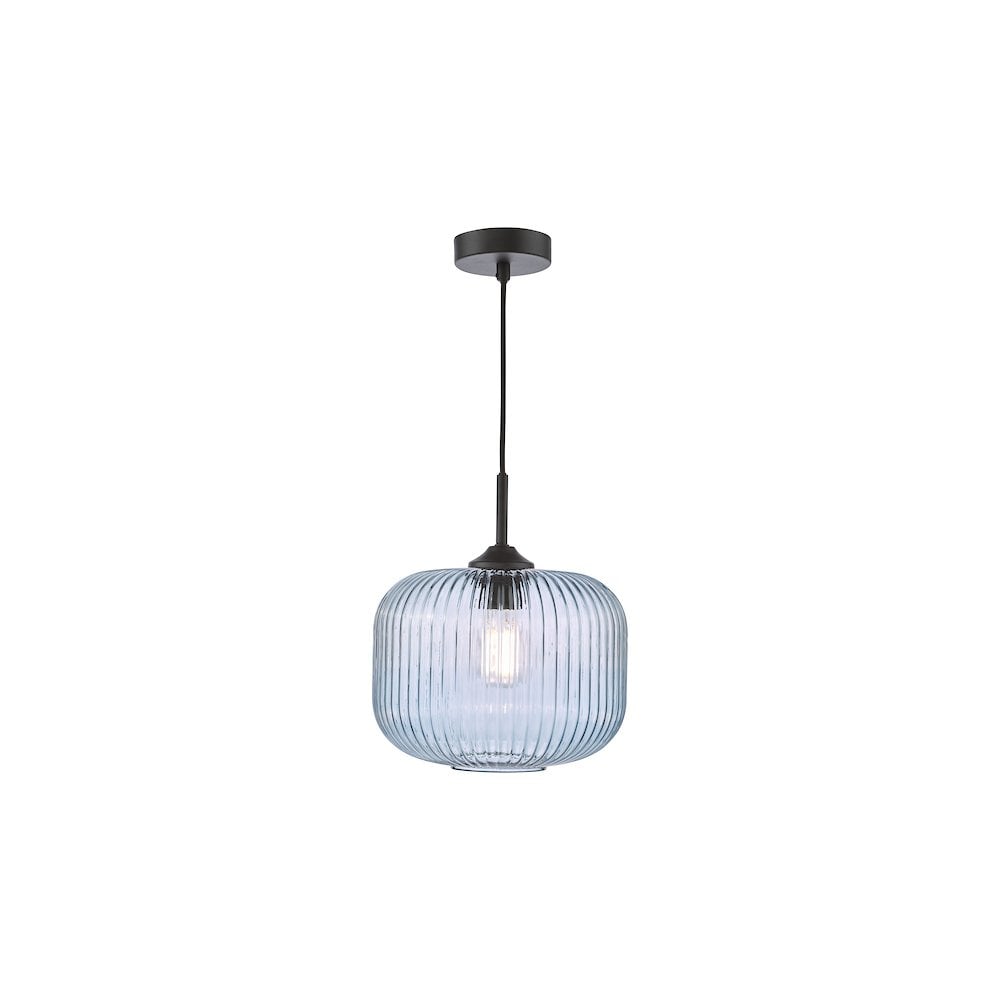 DEM0123 Demarius Pendant Matt Black and Blue Ribbed Glass