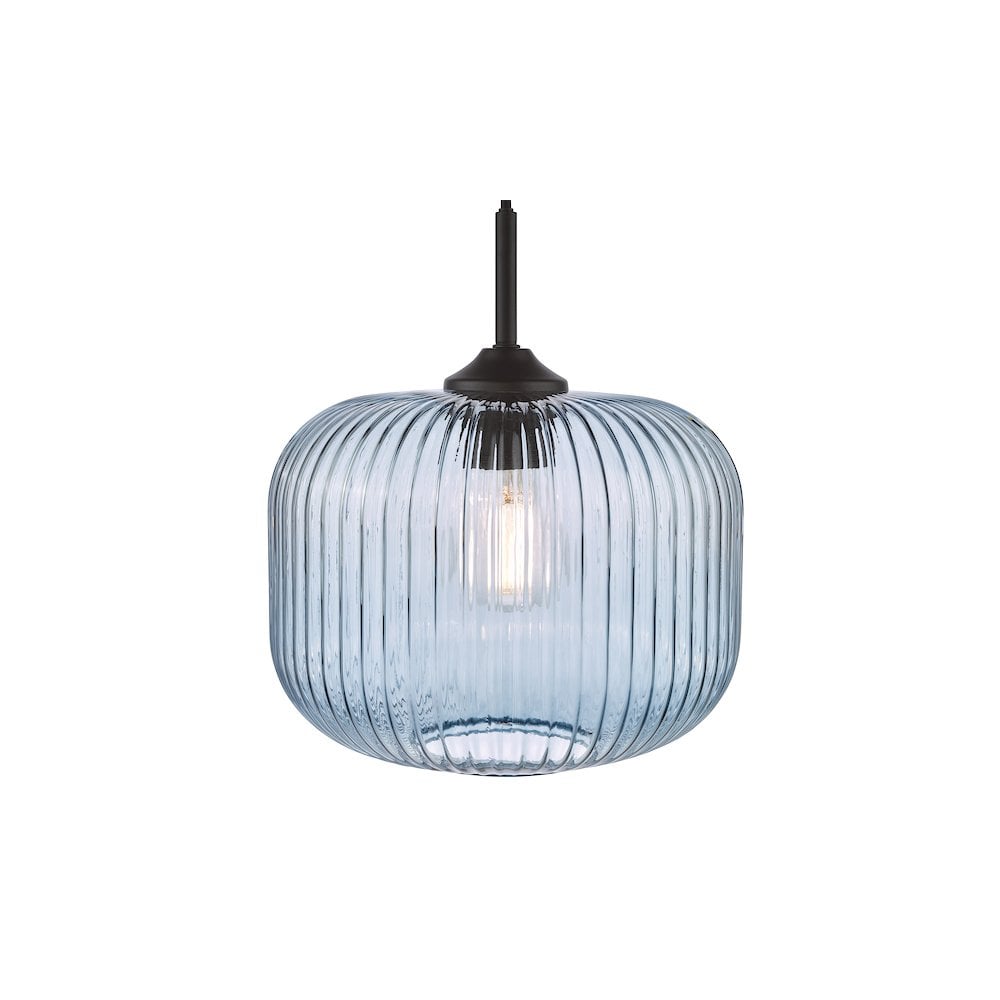 DEM0123 Demarius Pendant Matt Black and Blue Ribbed Glass