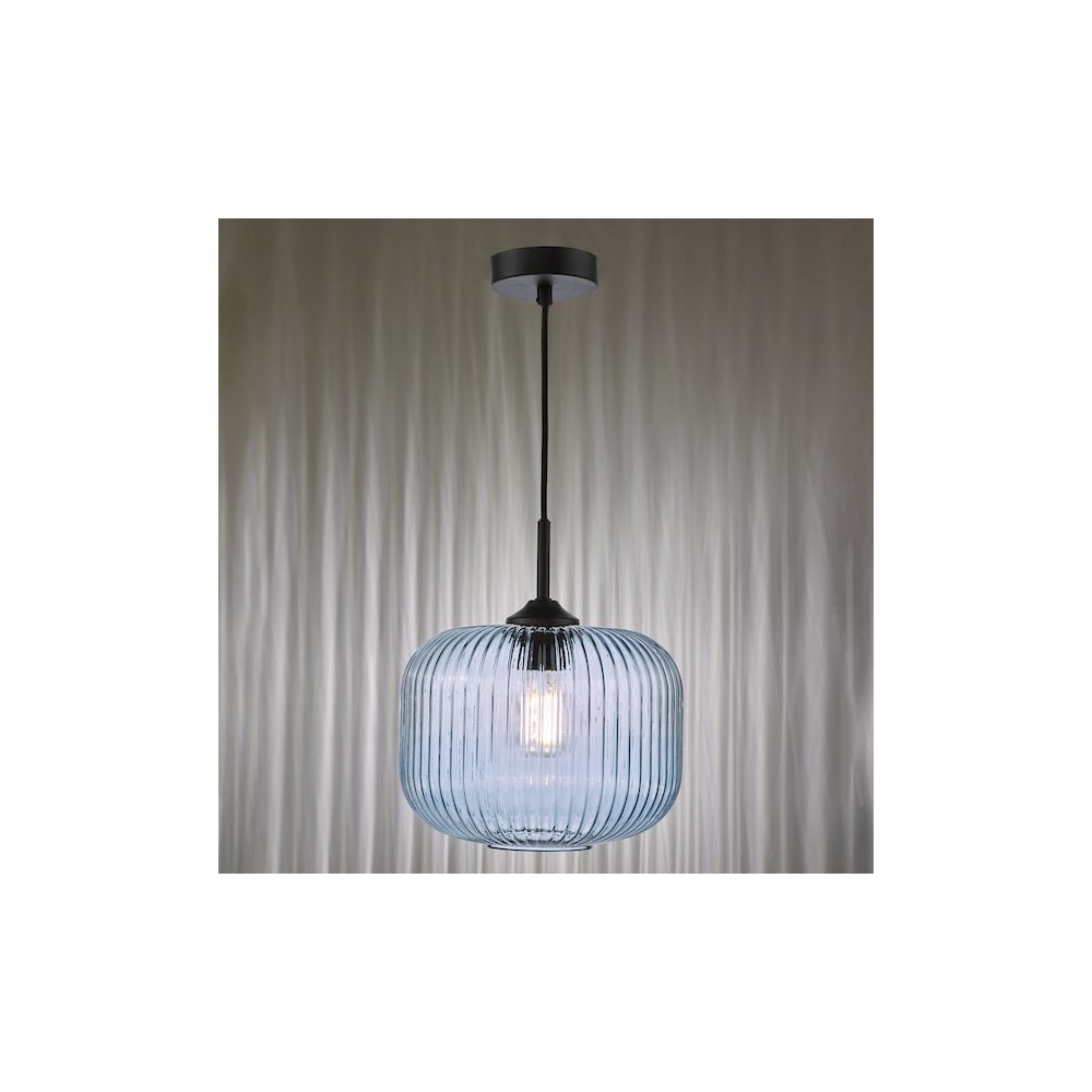 DEM0123 Demarius Pendant Matt Black and Blue Ribbed Glass