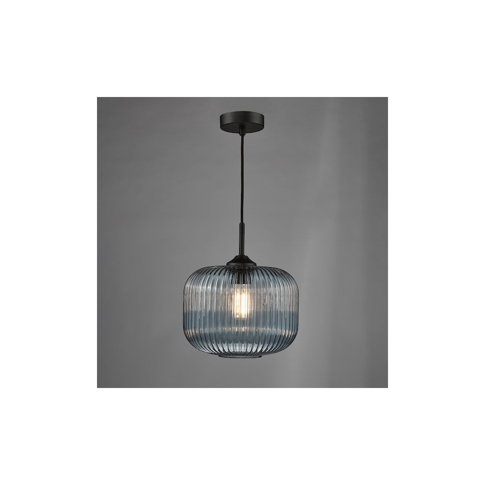 DEM0123 Demarius Pendant Matt Black and Blue Ribbed Glass