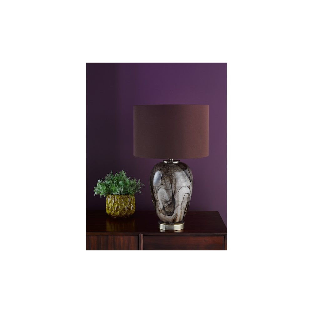 EGA4229 Egas Table Lamp Brown Marble Effect Glass and Antique Brass With Shade