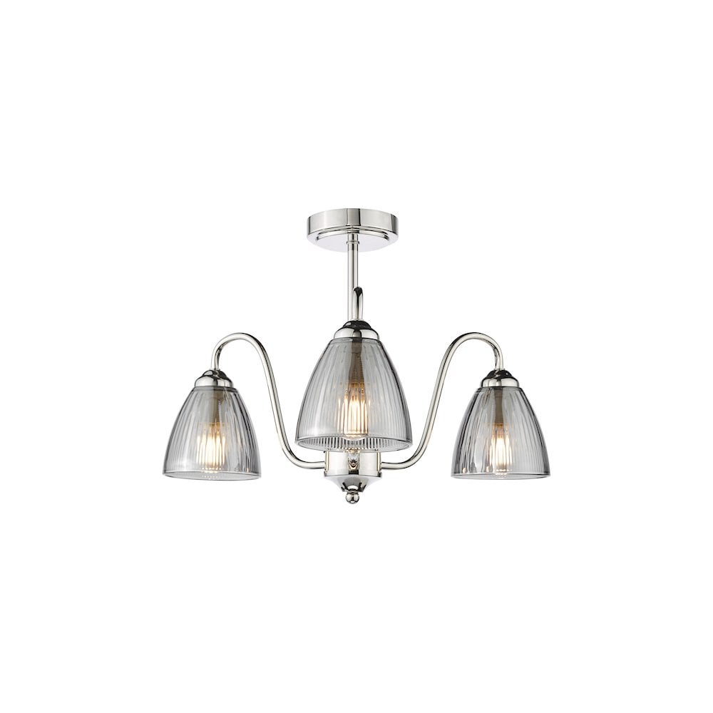 GLY5338 Glynis 3 Light Semi-Flush Polished Nickel and Smoked Ribbed Glass
