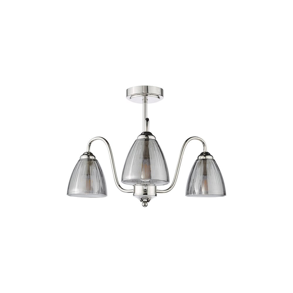 GLY5338 Glynis 3 Light Semi-Flush Polished Nickel and Smoked Ribbed Glass