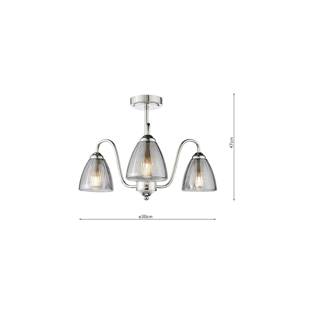 GLY5338 Glynis 3 Light Semi-Flush Polished Nickel and Smoked Ribbed Glass