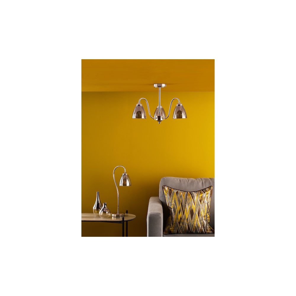 GLY5338 Glynis 3 Light Semi-Flush Polished Nickel and Smoked Ribbed Glass