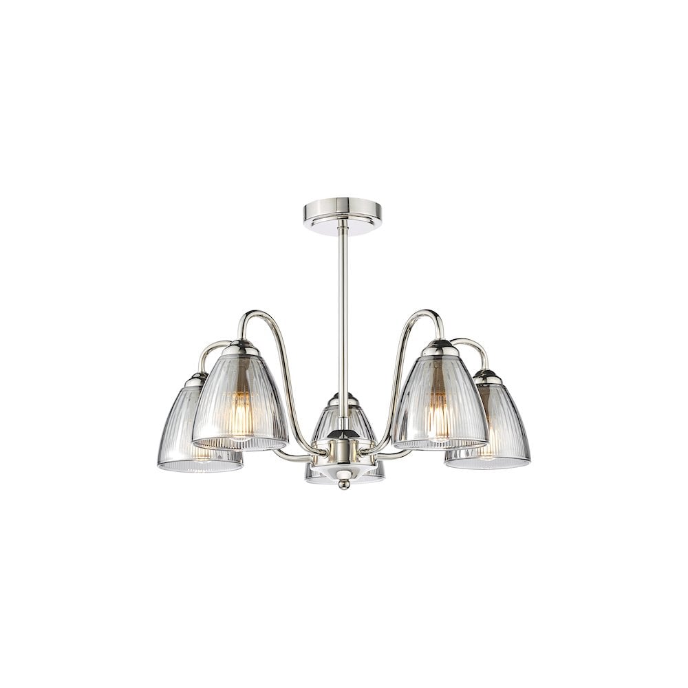 GLY5438 Glynis 5 Light Semi-Flush Polished Nickel and Smoked Ribbed Glass