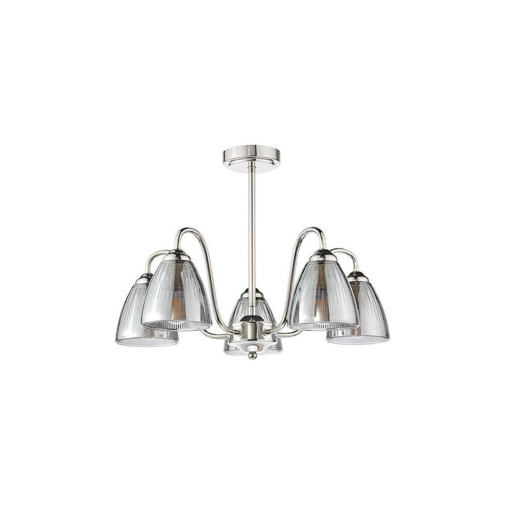 GLY5438 Glynis 5 Light Semi-Flush Polished Nickel and Smoked Ribbed Glass