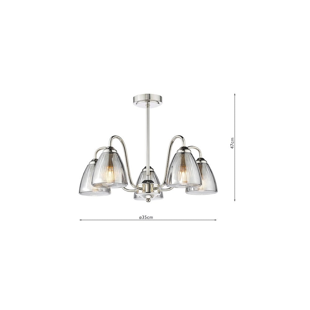 GLY5438 Glynis 5 Light Semi-Flush Polished Nickel and Smoked Ribbed Glass