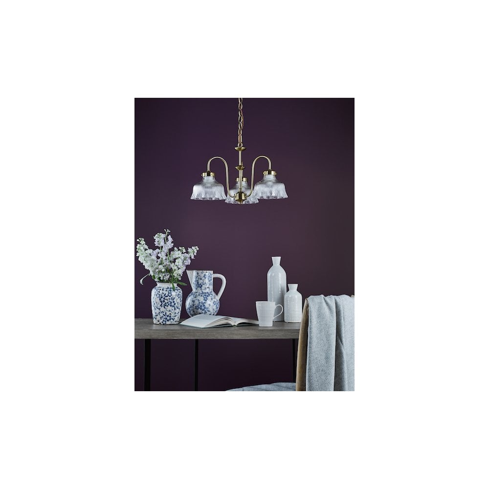 MAU0342 Maude 3 Light Armed Pendant Natural Brass and Ribbed Glass