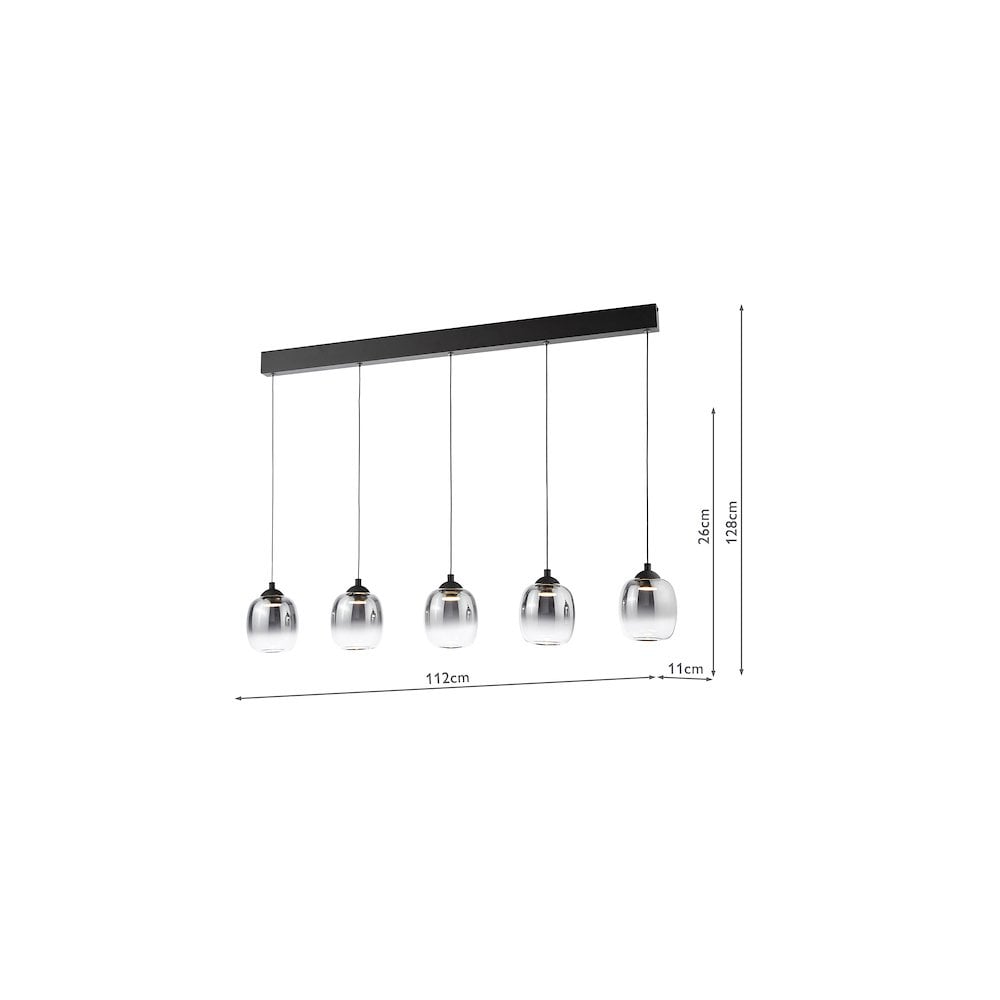 RAM0522 Ramona 5 Light Bar Pendant Matt Black and Smoked Ombre Glass LED