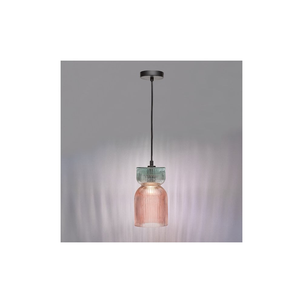 RHU0103 Rhubarb Pendant Pink and Green Ribbed Glass