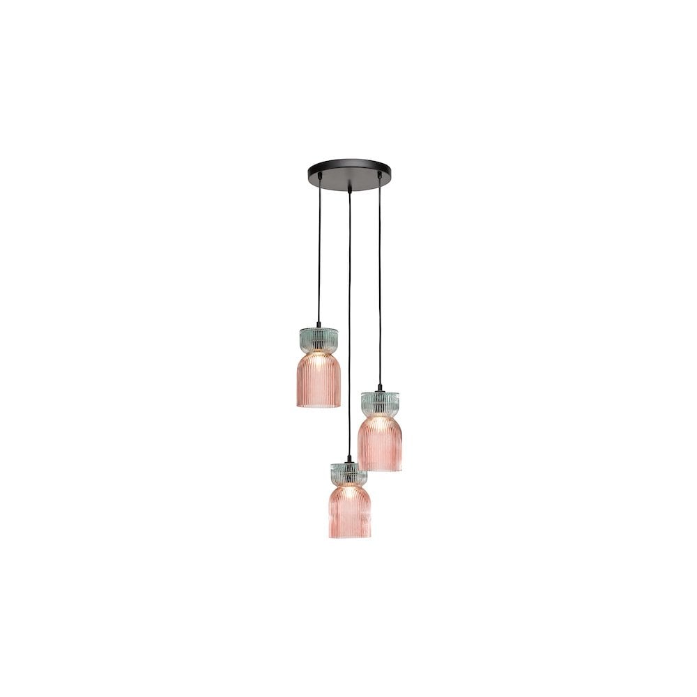 RHU0303 Rhubarb 3 Light Cluster Pendant Pink and Green Ribbed Glass