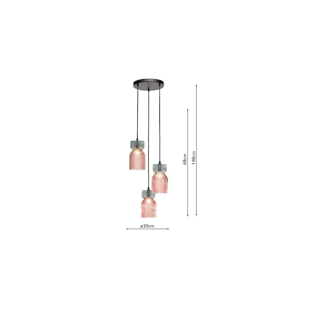 RHU0303 Rhubarb 3 Light Cluster Pendant Pink and Green Ribbed Glass