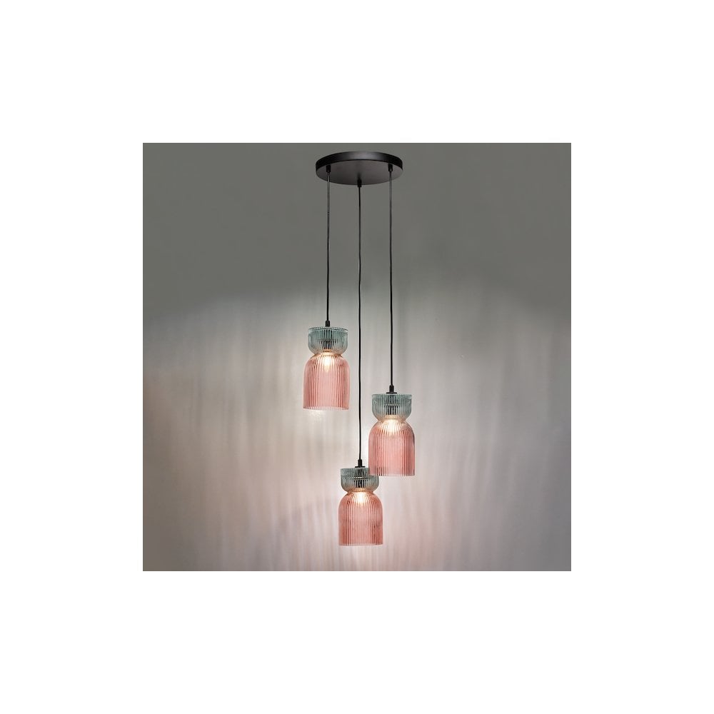 RHU0303 Rhubarb 3 Light Cluster Pendant Pink and Green Ribbed Glass