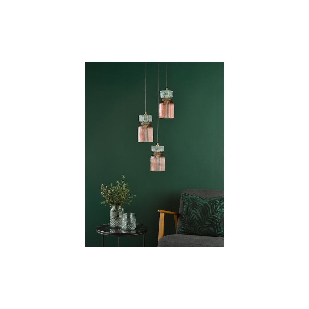 RHU0303 Rhubarb 3 Light Cluster Pendant Pink and Green Ribbed Glass