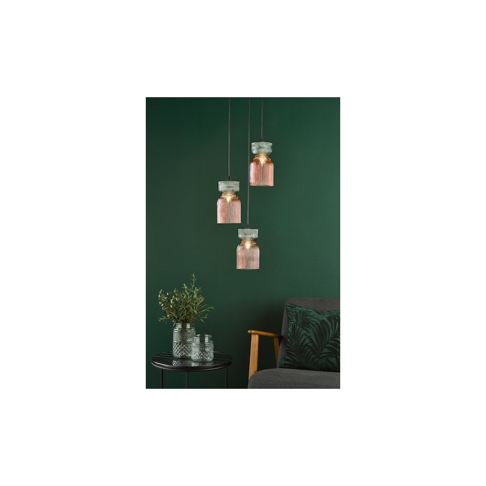 RHU0303 Rhubarb 3 Light Cluster Pendant Pink and Green Ribbed Glass