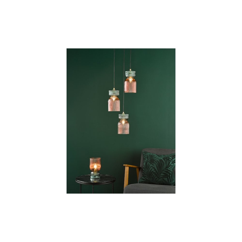 RHU0303 Rhubarb 3 Light Cluster Pendant Pink and Green Ribbed Glass