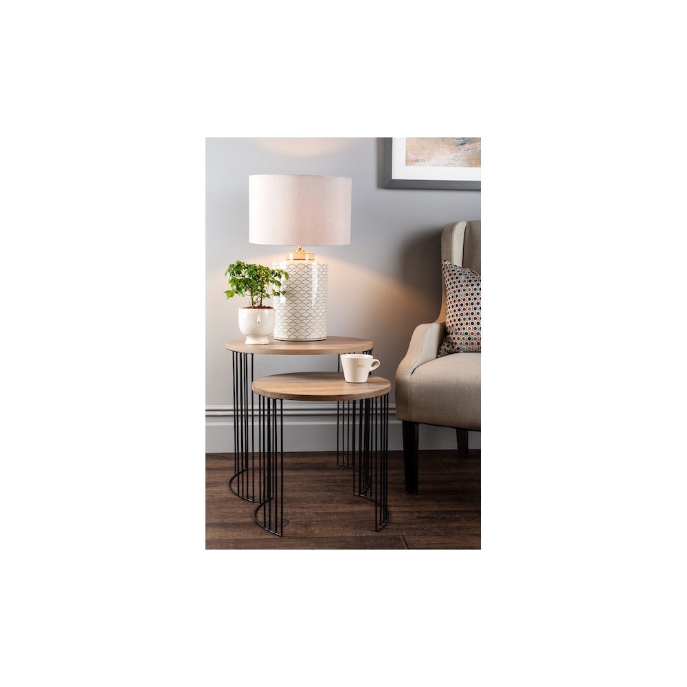001DRU001 Drum Nest of 2 Round Tables Oak Effect