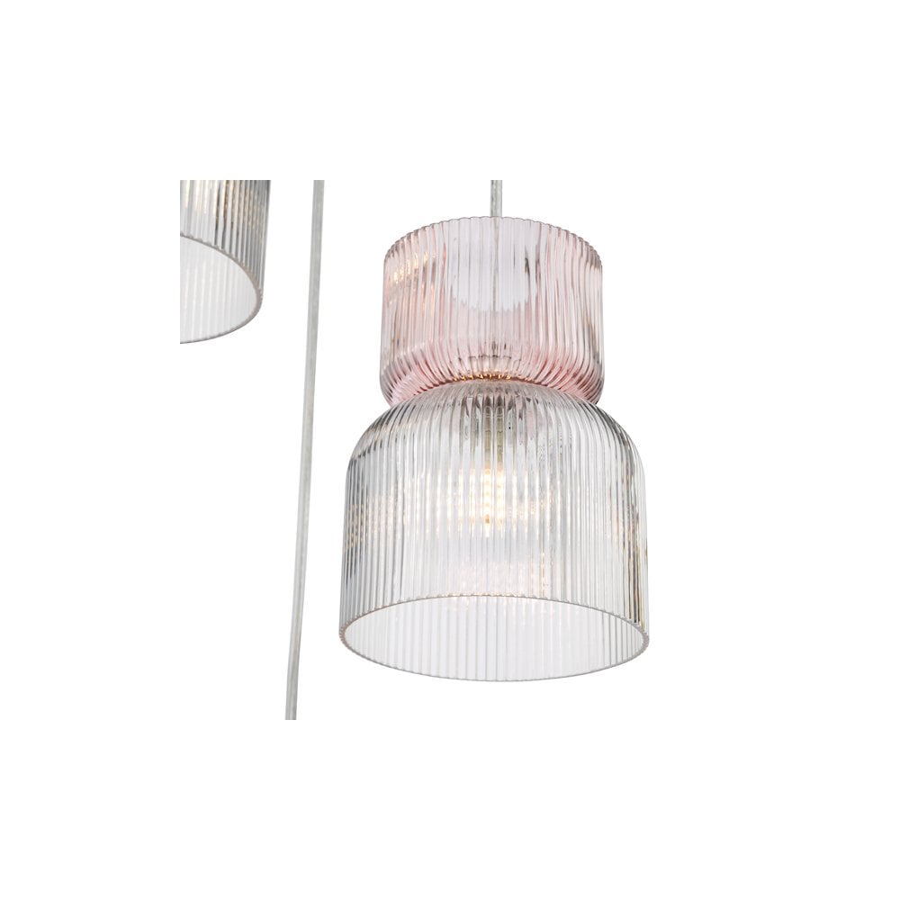 AUB0303 Auberta 3 Light Cluster Pendant Polished Chrome and Pink Ribbed Glass