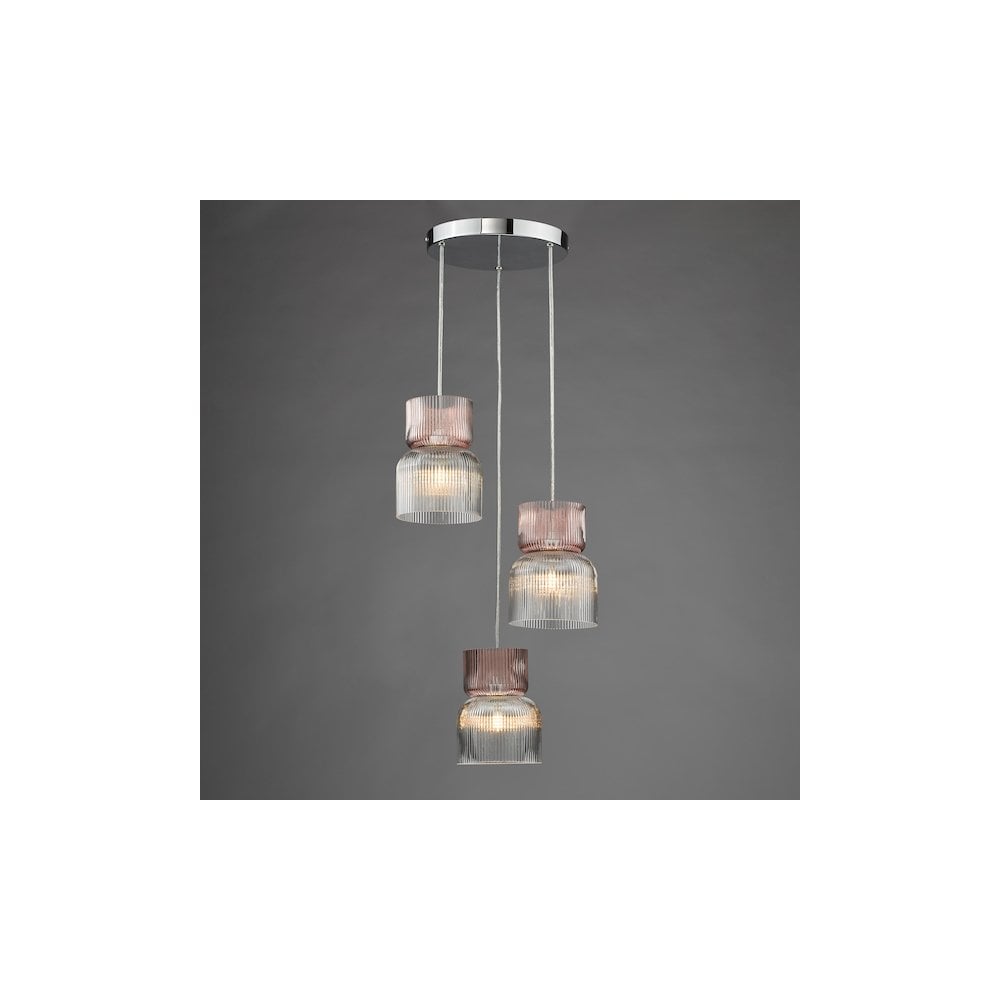 AUB0303 Auberta 3 Light Cluster Pendant Polished Chrome and Pink Ribbed Glass